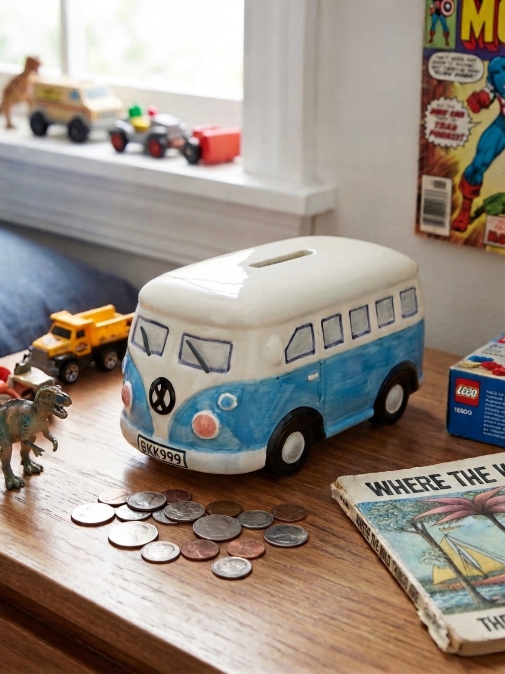 Vintage Ceramic Bus Money Bank - Blue and White hand-painted